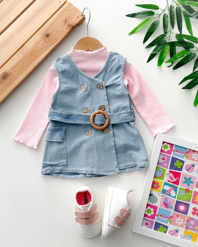 Kruvaze ahşap düğme detaylı kemerli 2 parça kot mevsimlik jile elbise