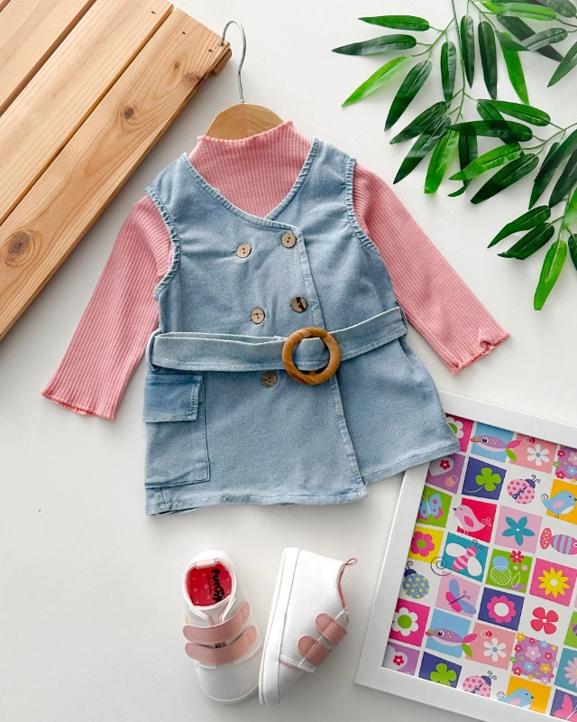 Kruvaze ahşap düğme detaylı kemerli 2 parça kot mevsimlik jile elbise