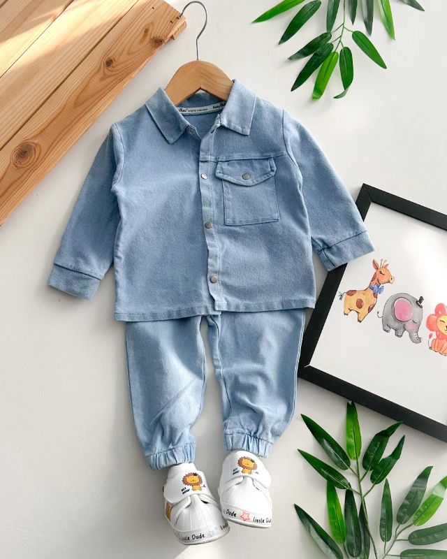 Önden çıtçıtlı tarz cepli mevsimlik kot kumaş 2 parça takım