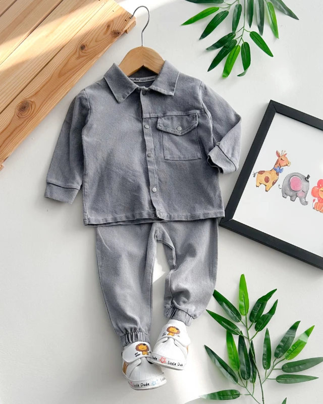 Önden çıtçıtlı tarz cepli mevsimlik kot kumaş 2 parça takım