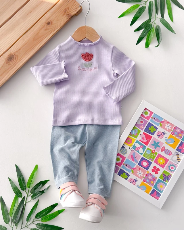 Sweet flower balıkçı yaka fitilli kumaş mevsimlik 2 parça takım