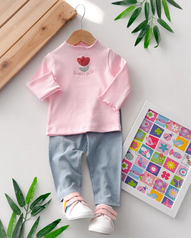 Sweet flower balıkçı yaka fitilli kumaş mevsimlik 2 parça takım