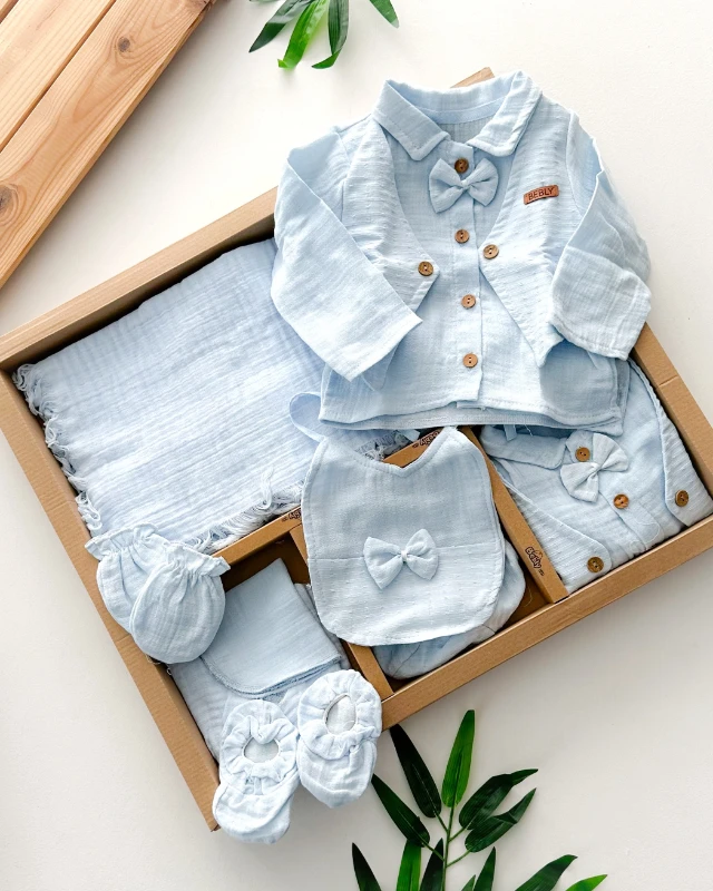 Yelek görünümlü ahşap düğme detaylı yazlık muslin 10 parça set