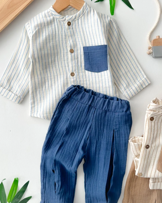 Hakim yaka ahşap düğmeli cep detaylı muslin 2 parça takım