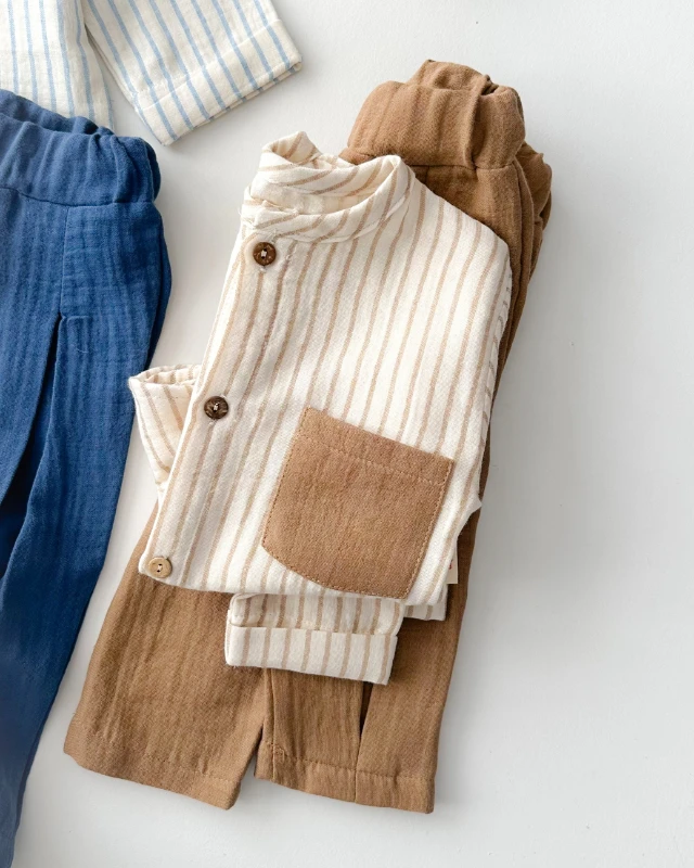 Hakim yaka ahşap düğmeli cep detaylı muslin 2 parça takım