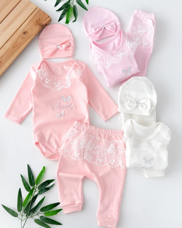 Butterfly nakışlı yakası fistolu alttan çıtçıtlı mevsimlik 3 parça takım