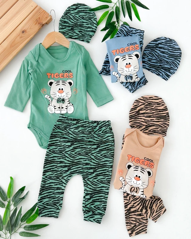Cool tigers baskılı alttan çıtçıtlı 3 parça mevsimlik takım