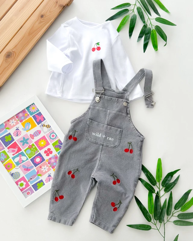 Kiraz nakışlı cep detaylı uzun kollu örme kot kumaş 2 parça set