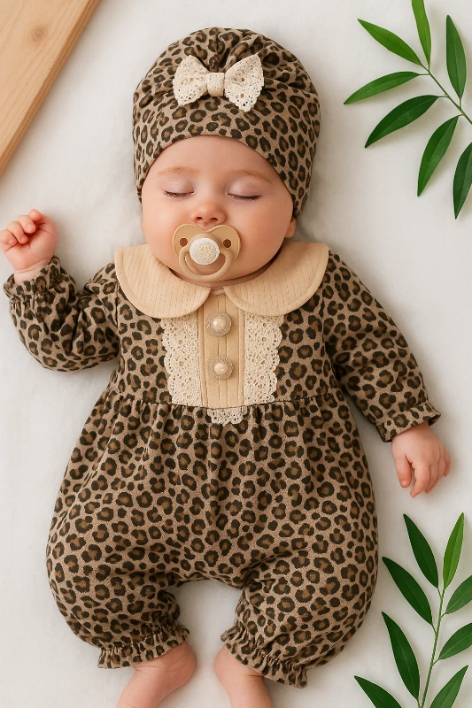 Leoparlı şık düğme detaylı boneli alttan ve arkadan çıtçıtlı mevsimlik tulum set