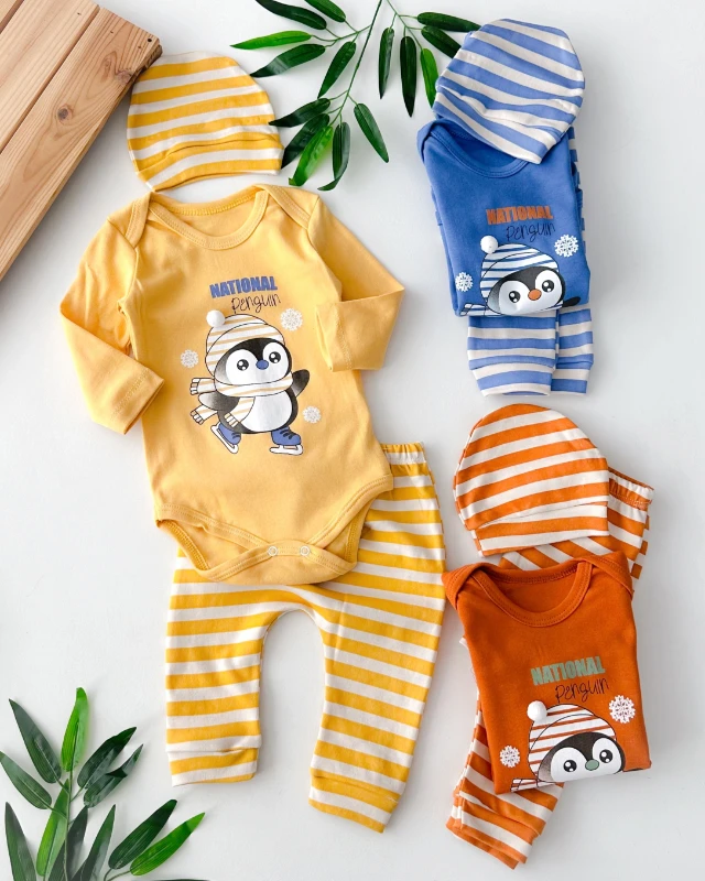 Ponponlu penguen baskılı alttan çıtçıtlı mevsimlik 3 parça takım