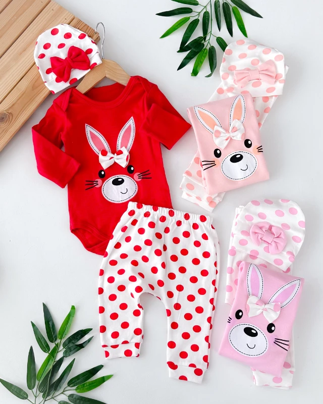 Sevimli tavşan puantiye desenli alttan çıtçıtlı mevsimlik 3 parça takım
