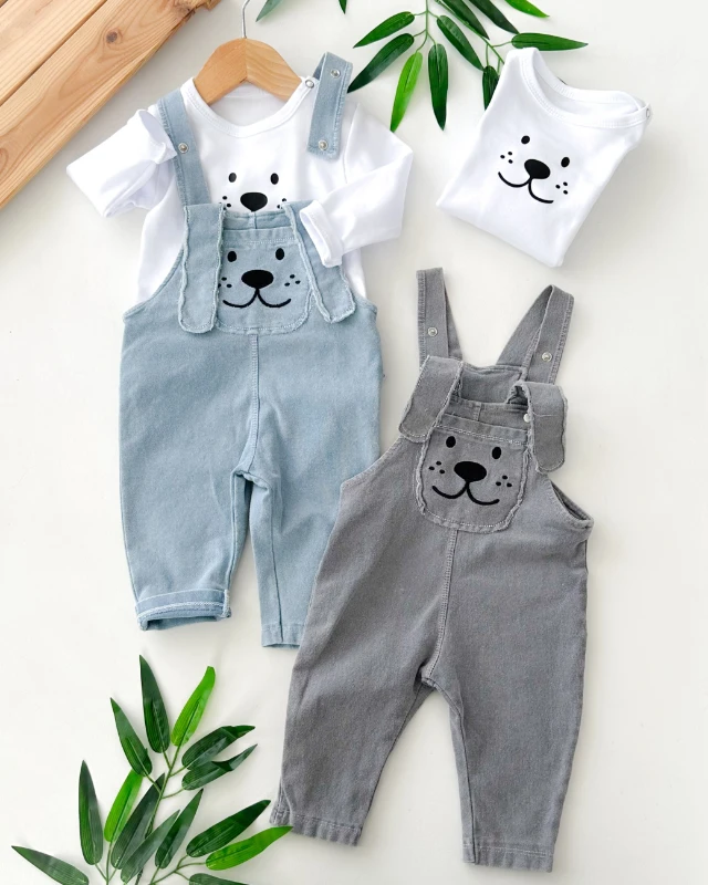 Uzun kulak köpekçik cep detaylı uzun kollu mevsimlik 2 parça kot salopet set