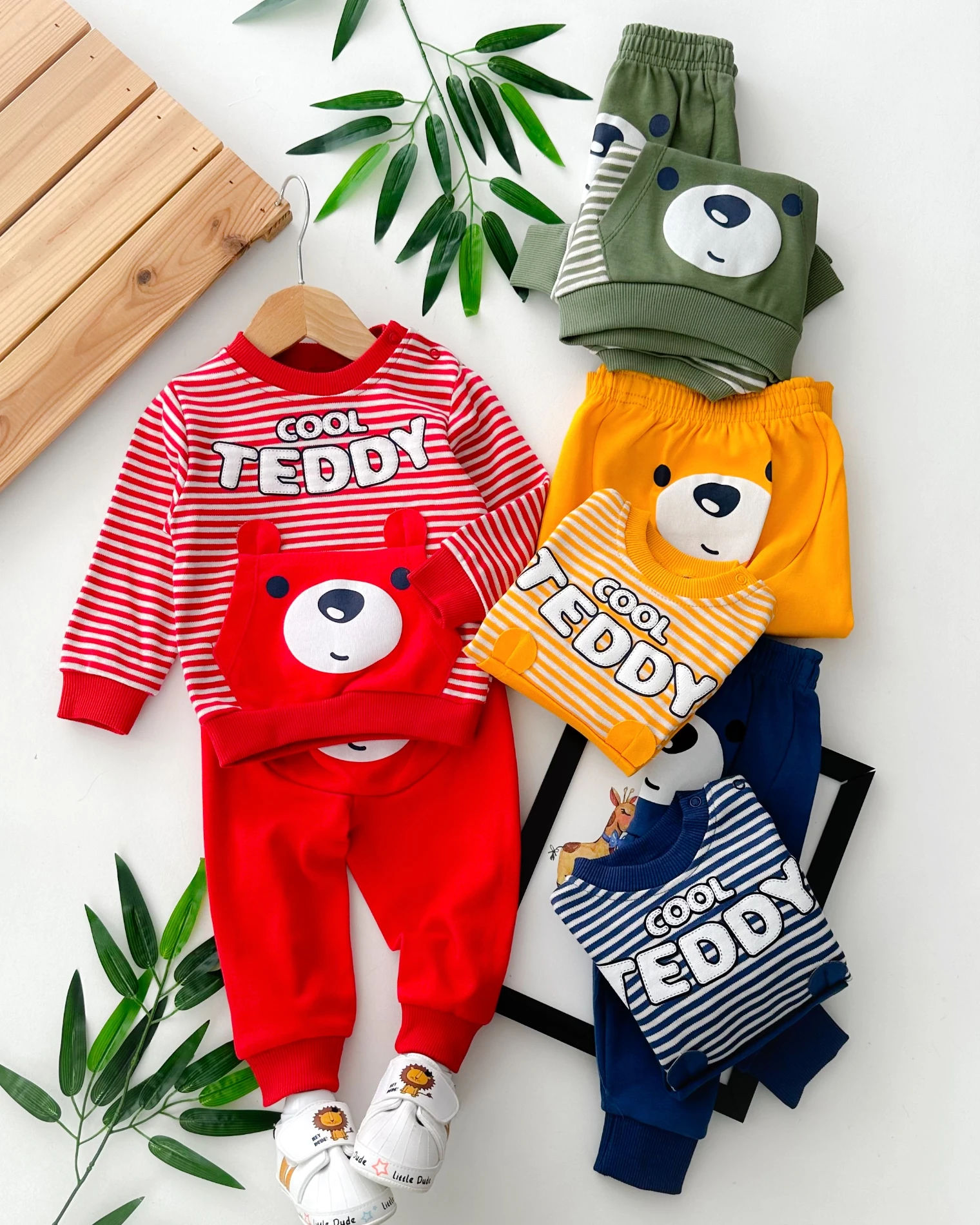 Cool teddy baskılı kanguru cep detaylı çizgili mevsimlik 2 parça takım
