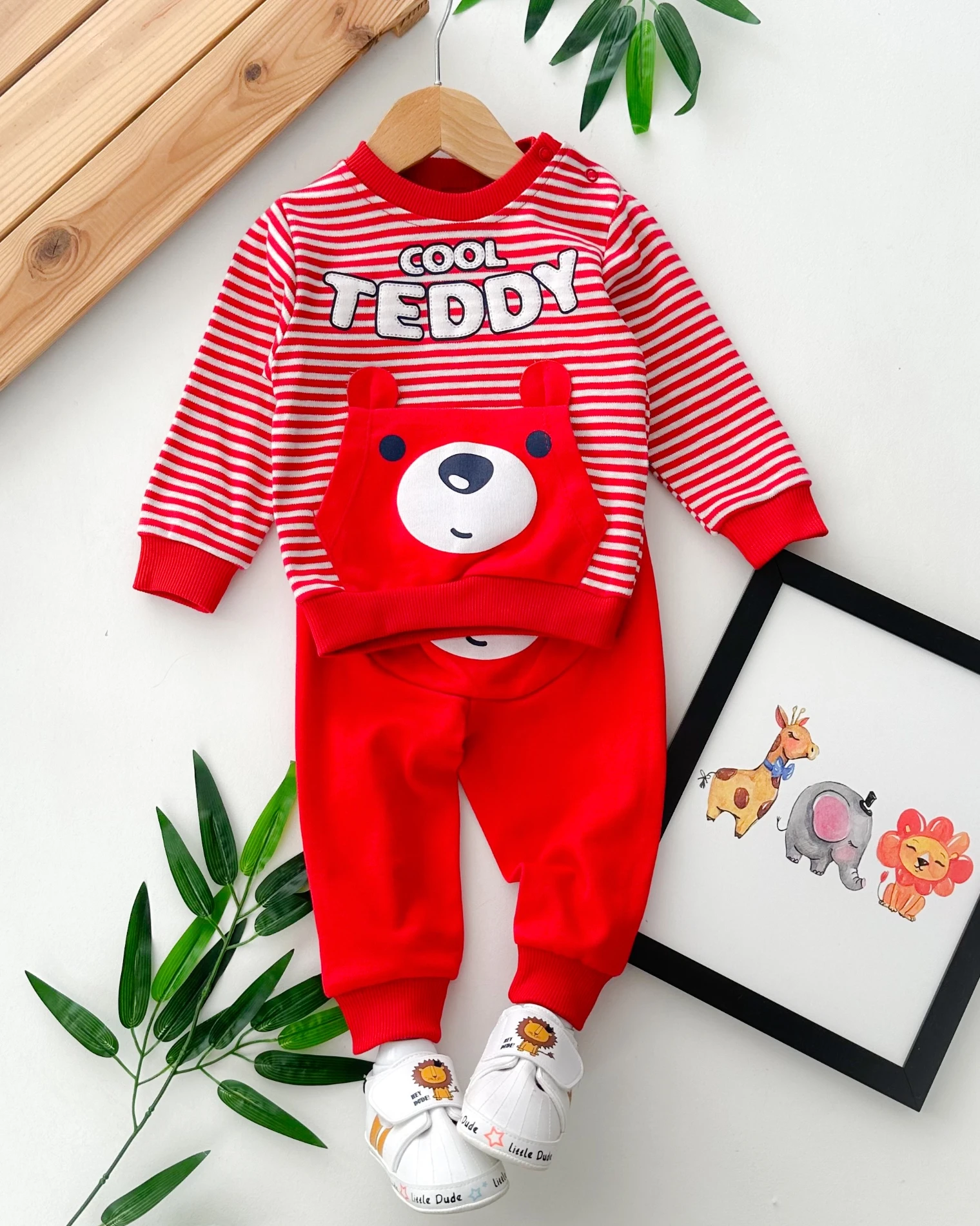 Cool teddy baskılı kanguru cep detaylı çizgili mevsimlik 2 parça takım