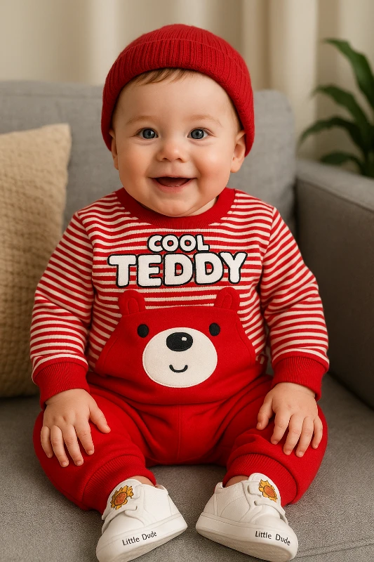 Cool teddy baskılı kanguru cep detaylı çizgili mevsimlik 2 parça takım