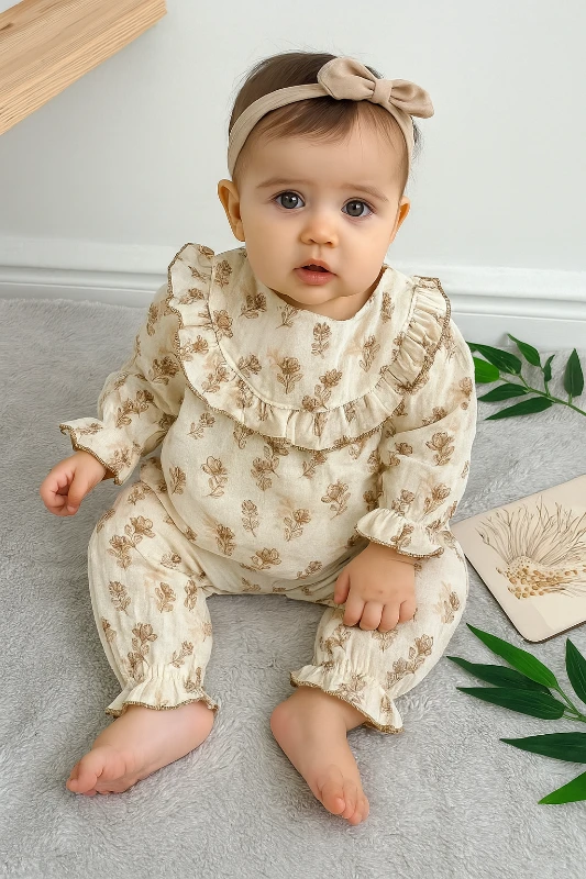 Narin soft çiçekler kolları ve paçası büzgü detaylı muslin 2 parça takım
