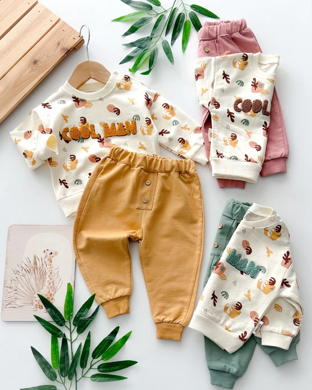 Cool man nakışlı soyut baskılı omuzdan çıtçıt mevsimlik 2 parça takım 