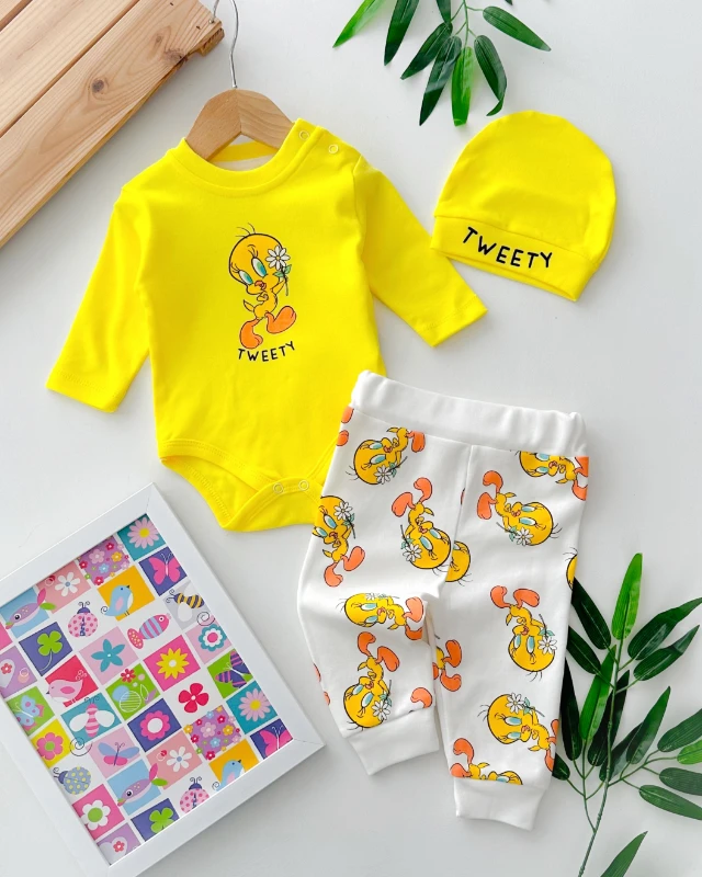 Happy tweety baskılı omuzdan ve alttan çıtçıtlı mevsimlik 3 parça takım