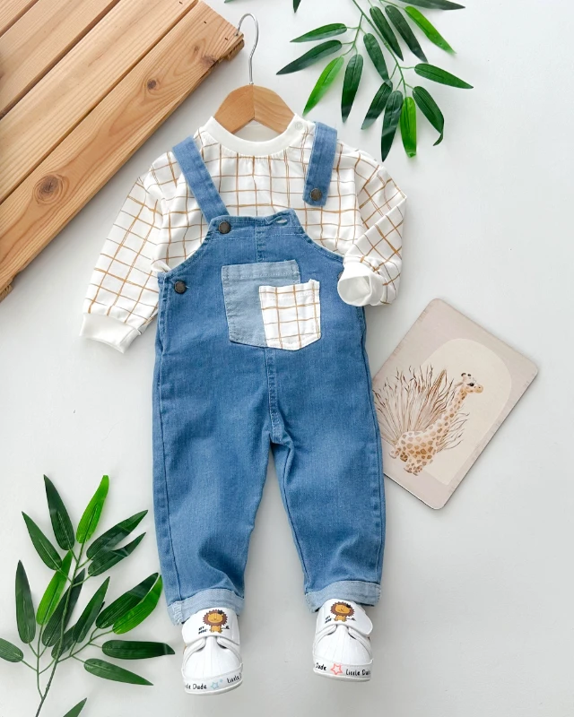 Kare çizgiler cep detaylı mevsimlik kot salopet 2 parça set