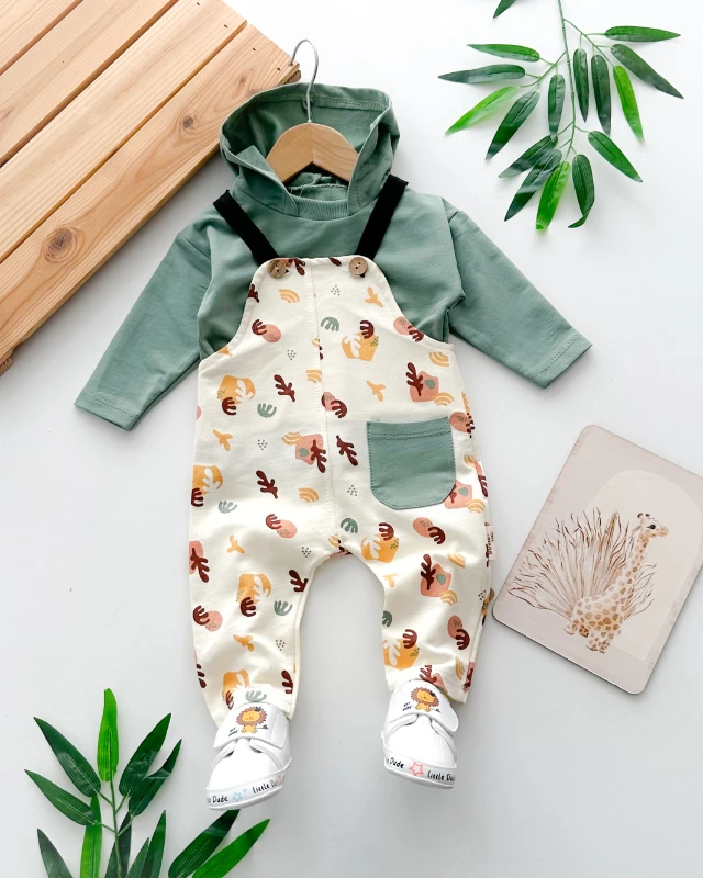 Soyut desenli cep detaylı kapüşonlu mevsimlik salopet set