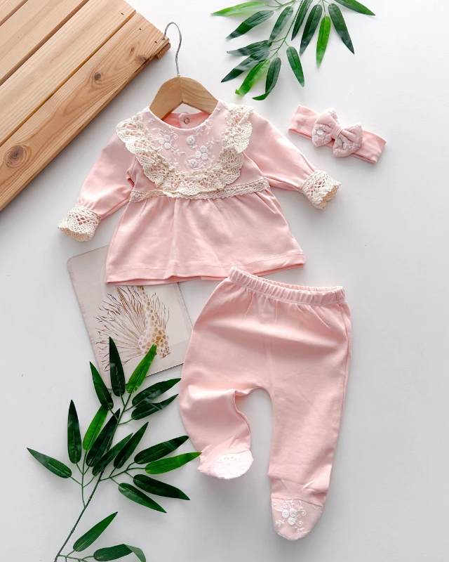 Yakada dantel işlemeli bandanalı mevsimlik 3 parça takım