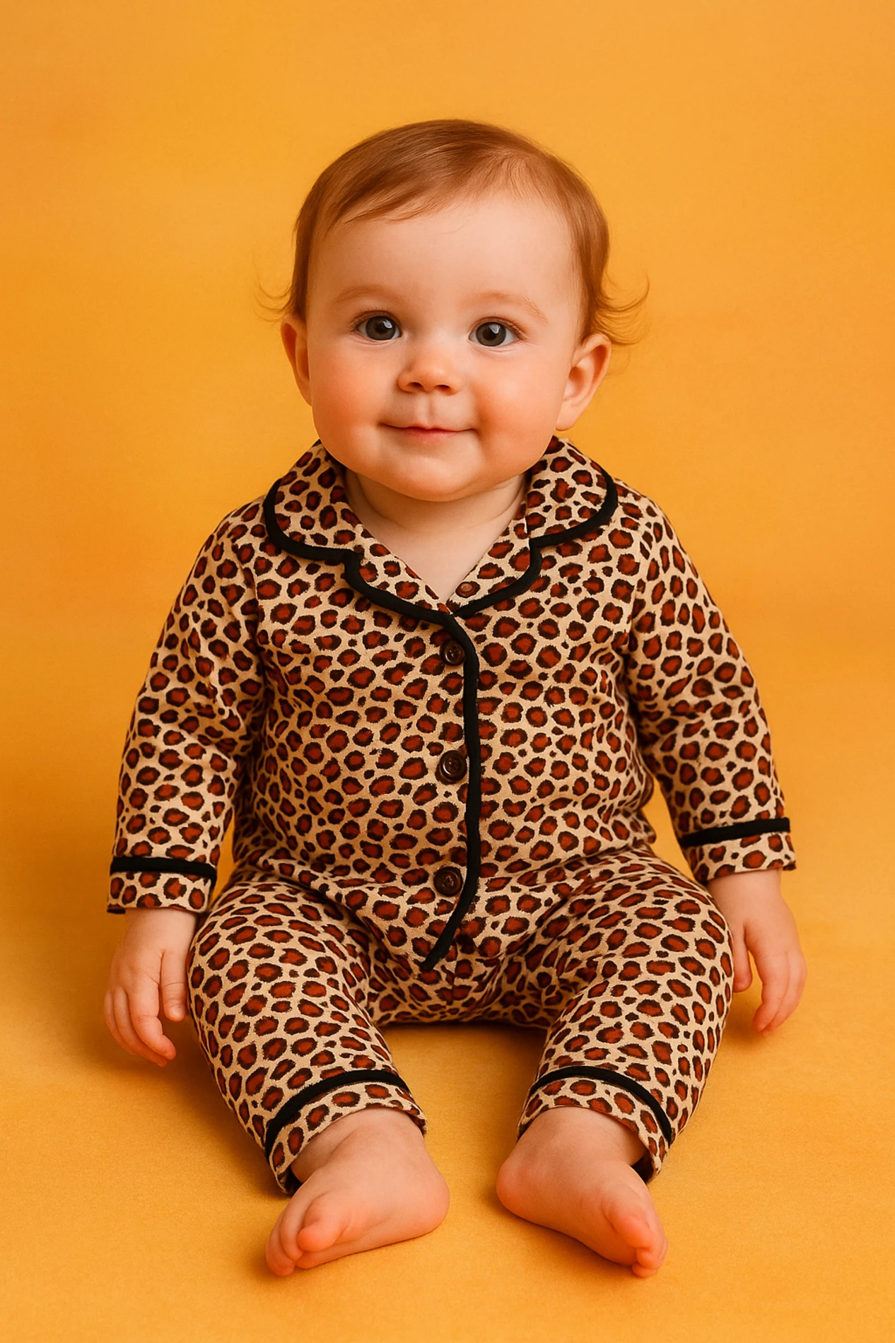 Leopar desen bebe yakalı yandan düğmeli mevsimlik 2 parça pijama takımı  