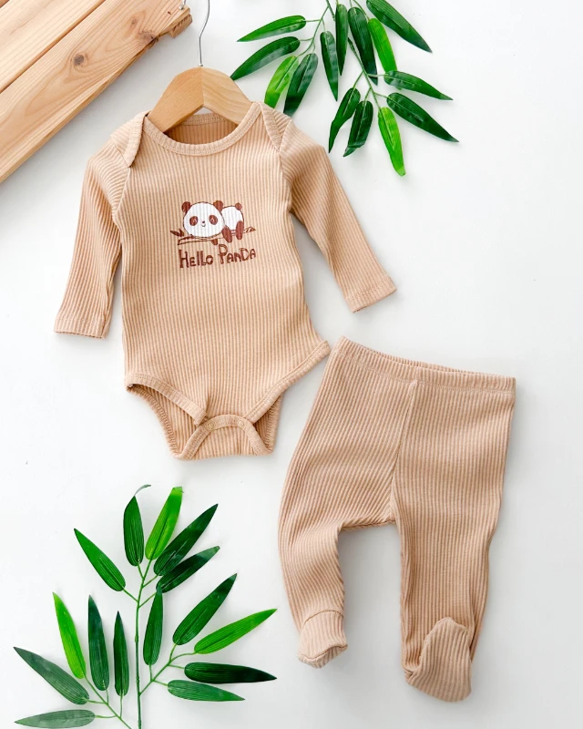 Hello panda baskılı alttan çıtçıtlı ribana kumaş ayaklı 2 parça takım