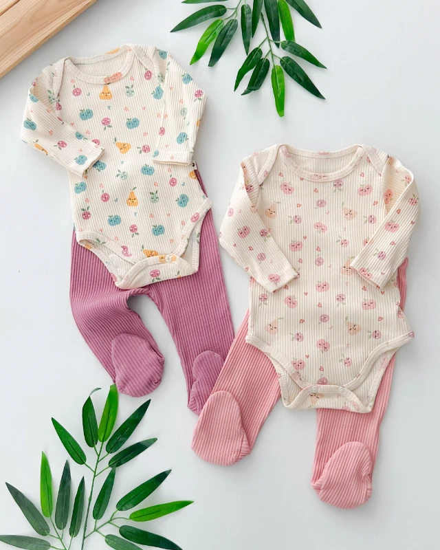 Renkli sevimli meyveler alttan çıtçıtlı ribana kumaş ayaklı 2 parça takım