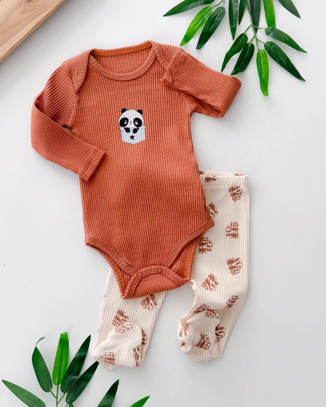 Sevimli panda alttan çıtçıtlı ribana kumaş ayaklı 2 parça takım