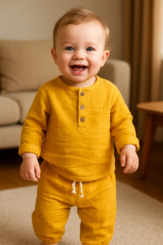 Ahşap düğme detaylı basic unisex bebe müslin takım 