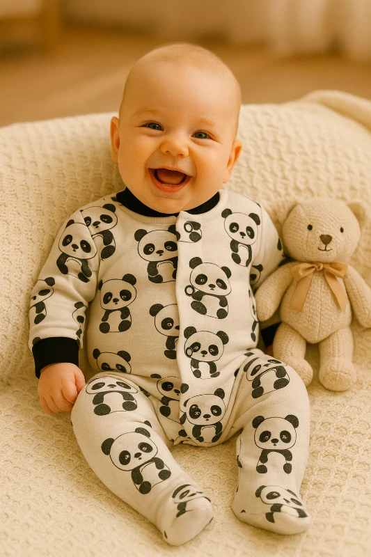 Çizgili panda baskılı ayaklı boydan çıtçıtlı 3lü tulum set