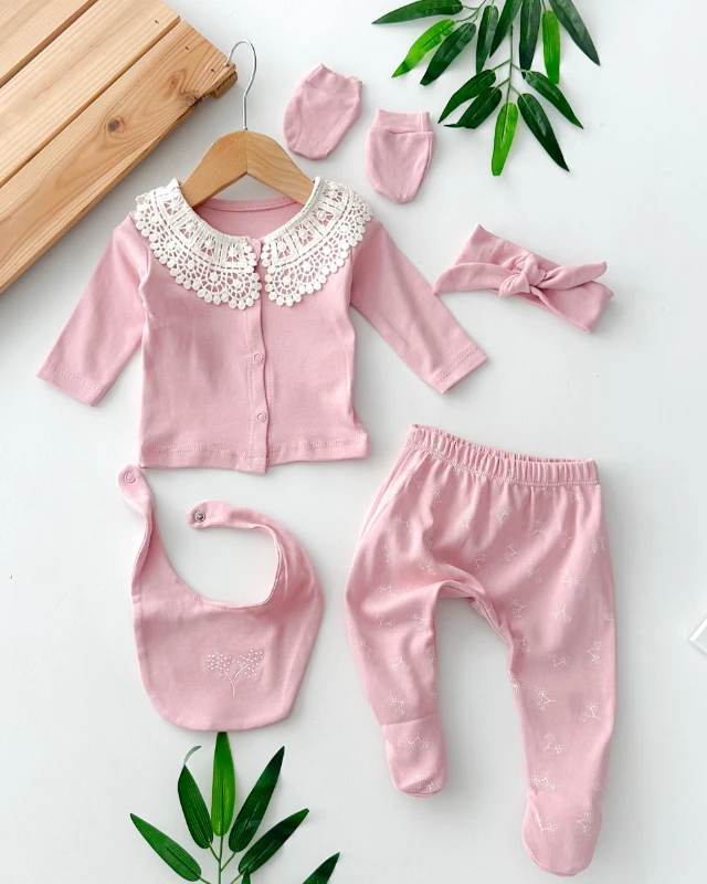 Fisto dantel yaka detaylı mevsimlik 5 parça hastane çıkışı