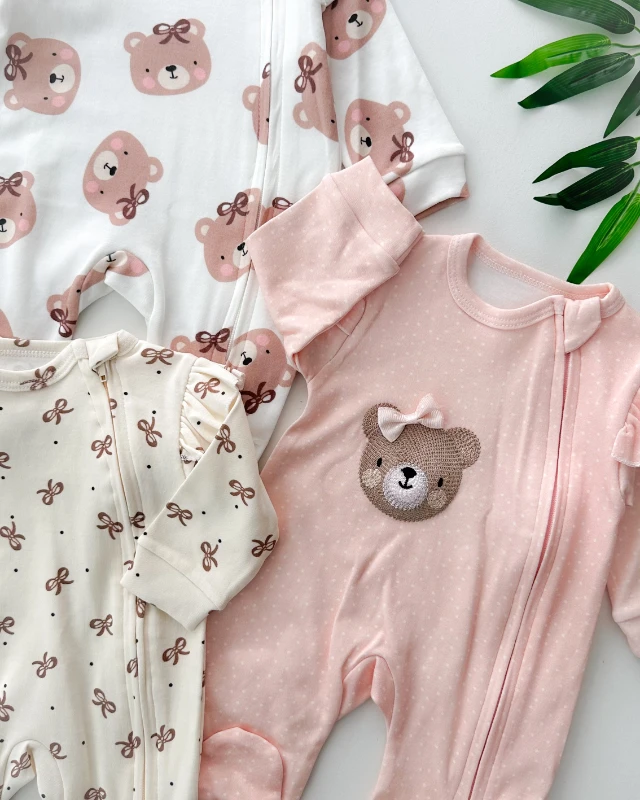 Fiyonklu sevimli bear nakışlı yandan fermuarlı ayaklı 3lü tulum