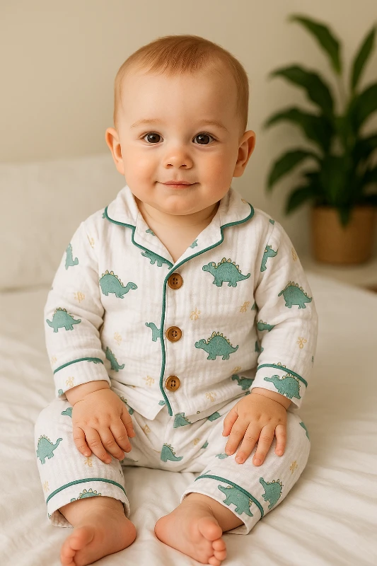 Little dino baskılı ahşap düğme detaylı muslin 2 parça pijama takımı