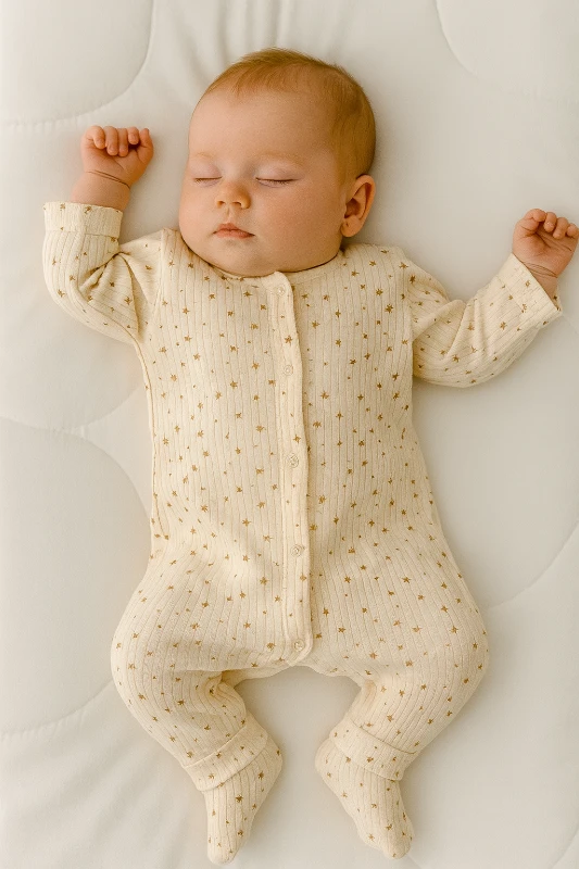 Minik yıldızlar boydan çıtçıtlı fitilli mevsimlik kumaş bebe tulum 