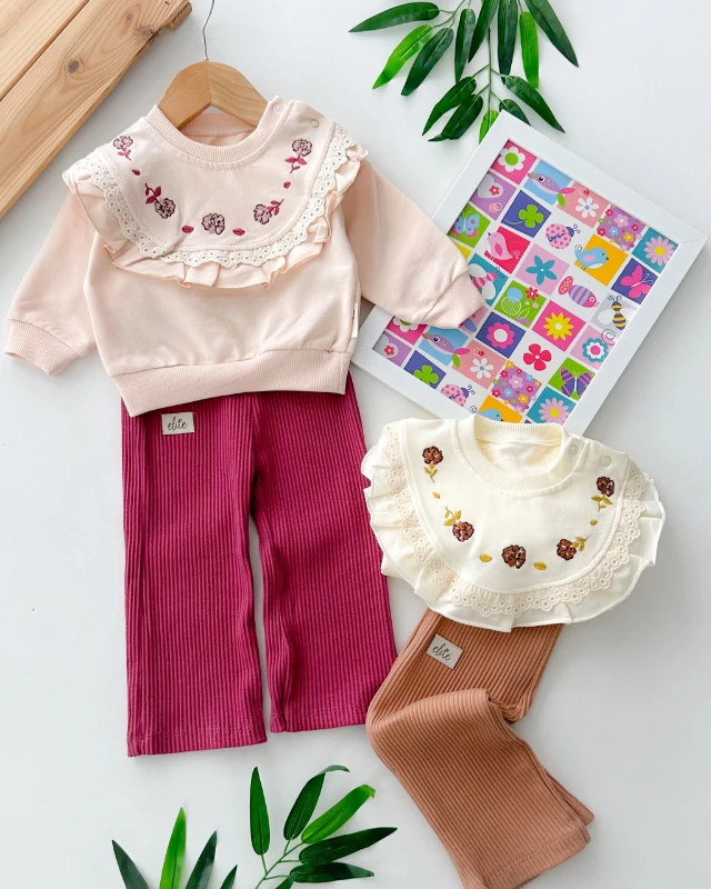 Yakada çiçek ve güpür detaylı fitilli tayt mevsimlik 2 parça takım