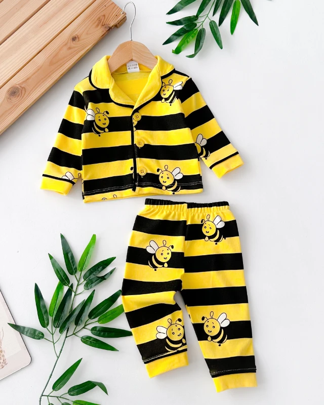 Çizgi desen sevimli arılar baskılı önden düğmeli mevsimlik 2li pijama takımı