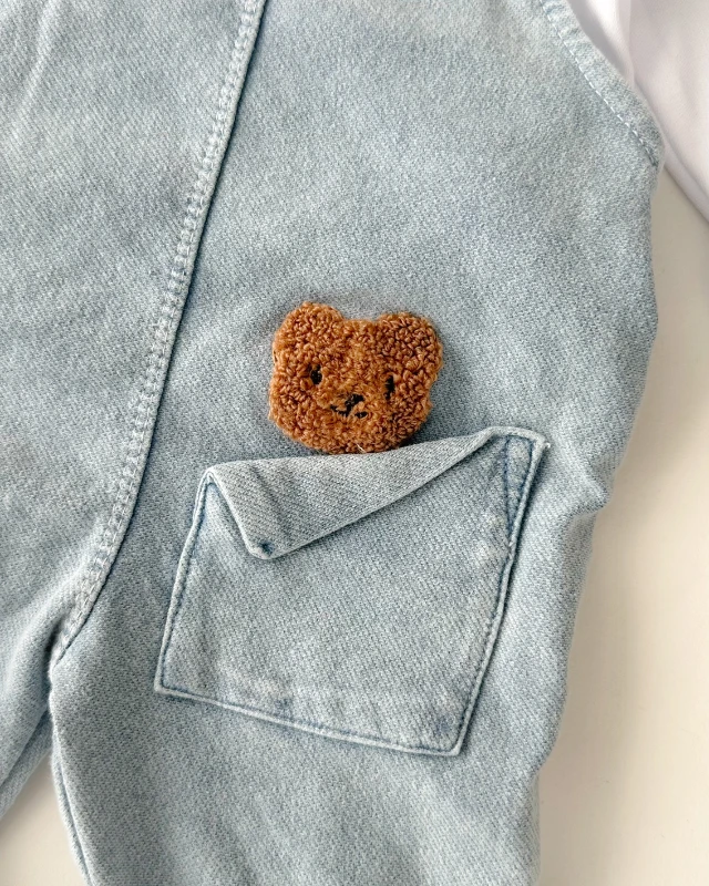 Minik cepte bear punch işlemeli mevsimlik kot kumaş 2li salopet set 