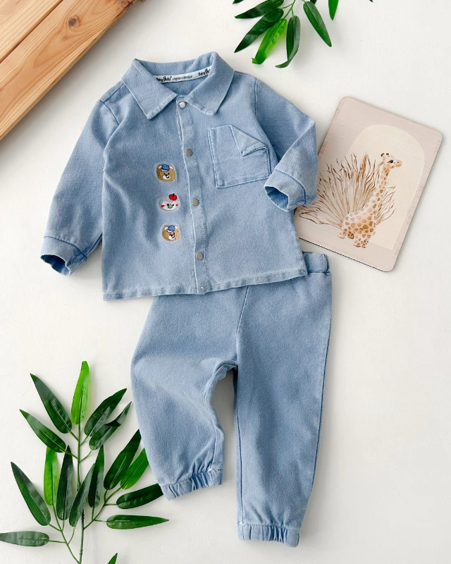 Sevimli ayı ve penguen arkadaşlar önden çıtçıtlı cepli kot kumaş 2 parça takım