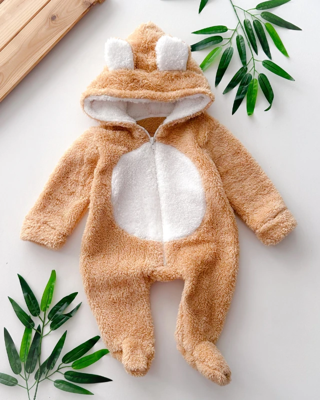 Ayıcık kulak kapüşon detaylı boydan fermuarlı ayaklı welsoft kışlık tulum 