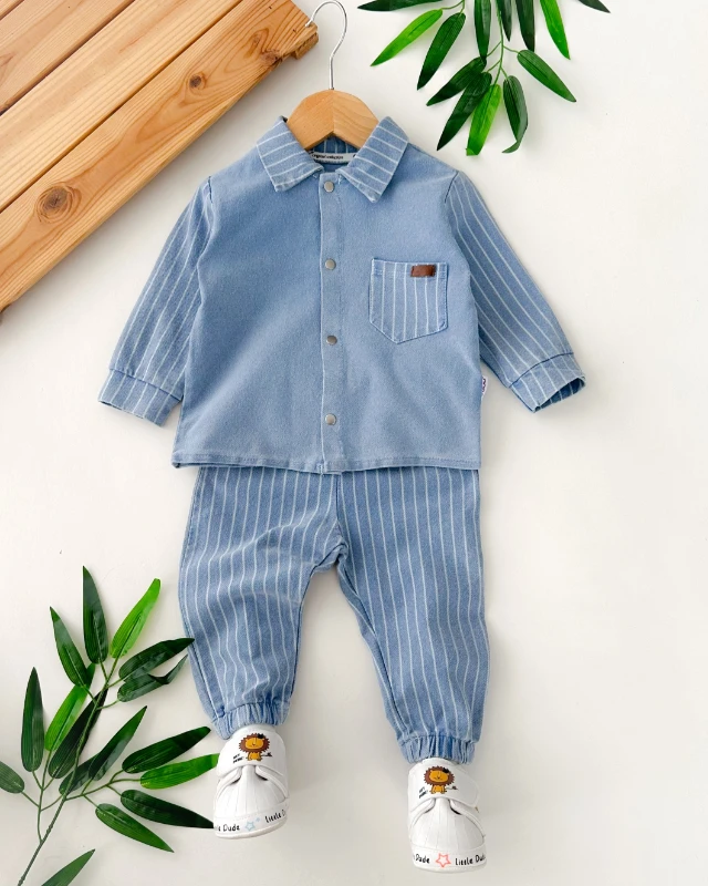 Çizgi detaylı gömlek yaka önden çıtçıtlı 2 parça kot kumaş mevsimlik takım