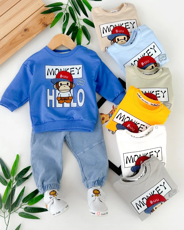 Hello happy monkey baskılı omuzdan çıtçıtlı mevsimlik 2 parça takım