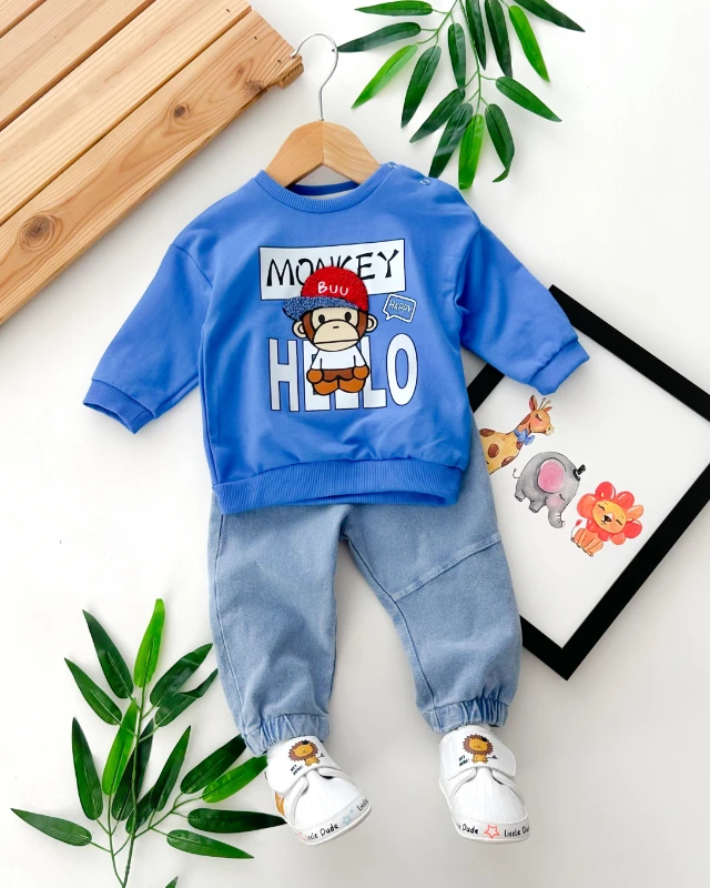 Hello happy monkey baskılı omuzdan çıtçıtlı mevsimlik 2 parça takım