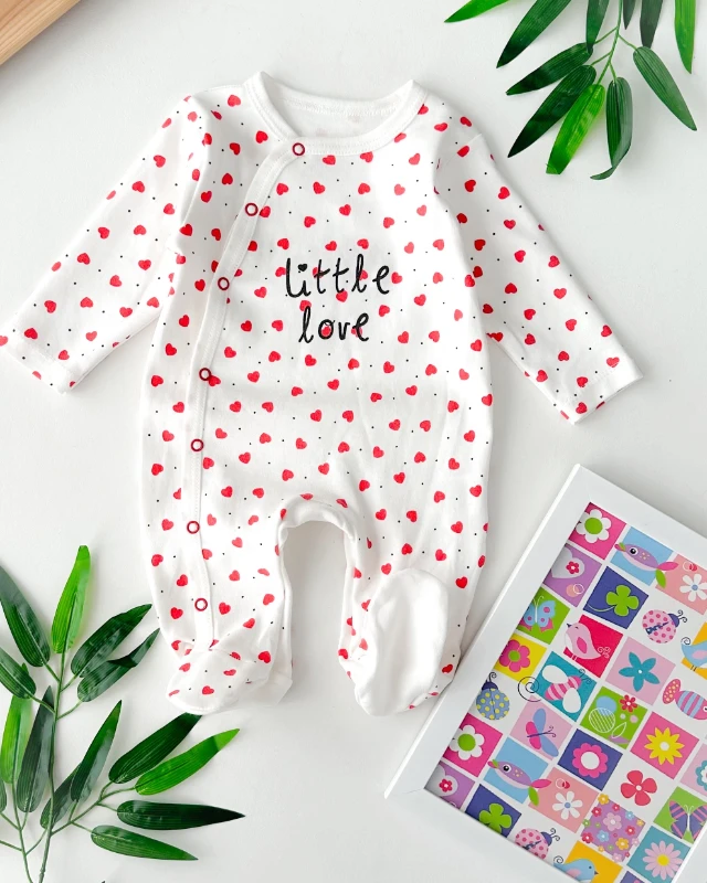 Little love baskılı siyah puantiye detaylı yandan çıtçıtlı ayaklı mevsimlik tulum set 
