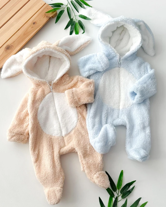 Sevimli uzun kulak kapüşonlu boydan fermuarlı ayaklı welsoft tulum 