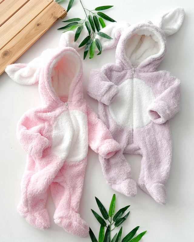 Sevimli uzun kulak kapüşonlu boydan fermuarlı ayaklı welsoft tulum 