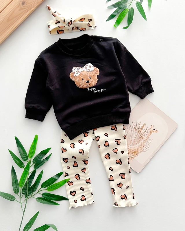Bear fiyonk baskılı tayt ve bandana leopar kalp detaylı 3 parça mevsimlik takım