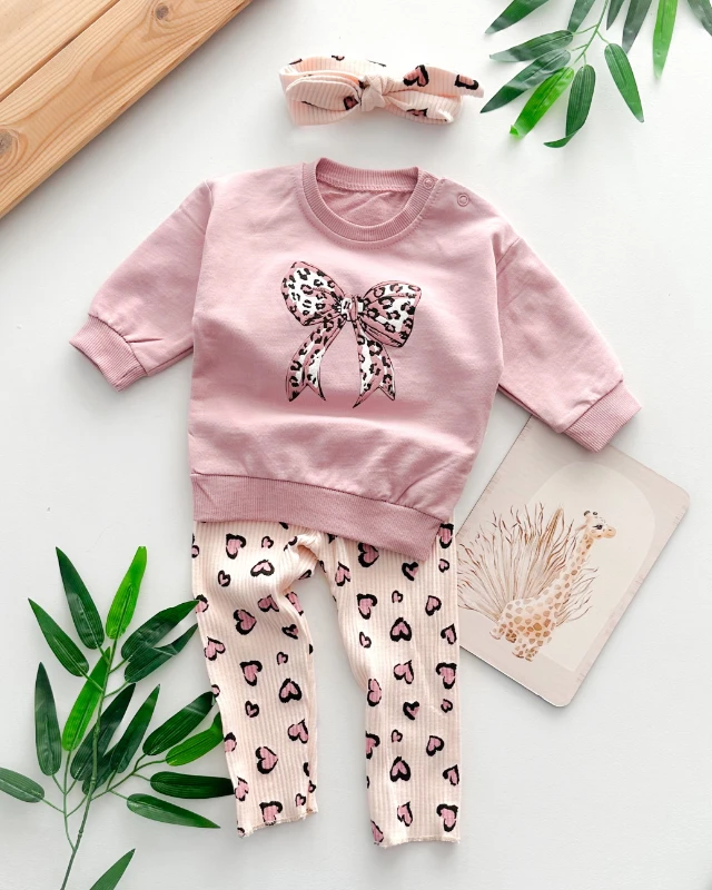 Büyük leopar fiyonk detaylı bandanalı 3 parça mevsimlik takım