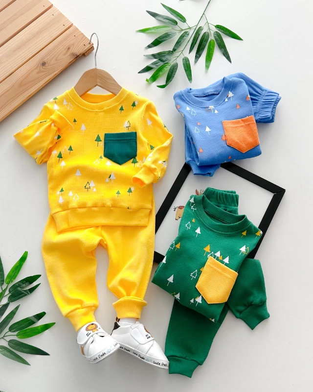 Çam ağaçları baskılı fitilli kumaş mevsimlik 2 parça takım 