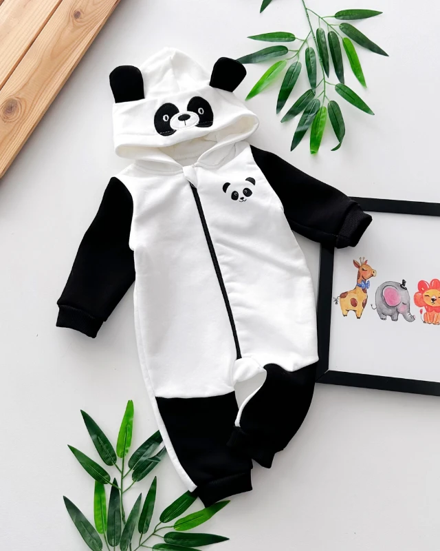 Yakada panda figür baskılı boydan fermuar kapüşonlu şardonlu kışlık tulum